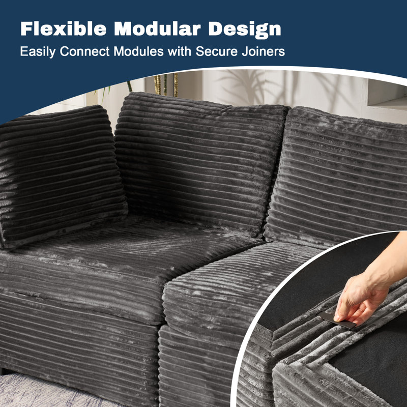 Canapé modulaire en velours côtelé moelleux avec repose-pieds mobile 95,05 po Hogle, Velours côtelé gris moelleux