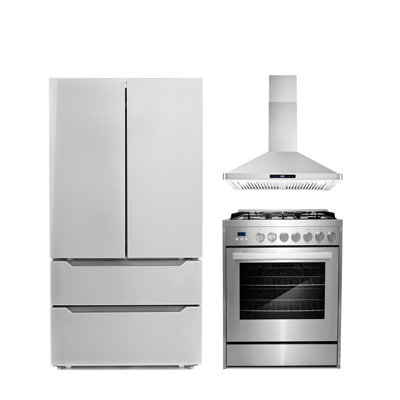 Cosmo 3 Piece Kitchen Appliance Package with French Door Refrigerator , 30'' Gas Freestanding Range , and Wall Mount Range Hood -  COS-3PKG-283