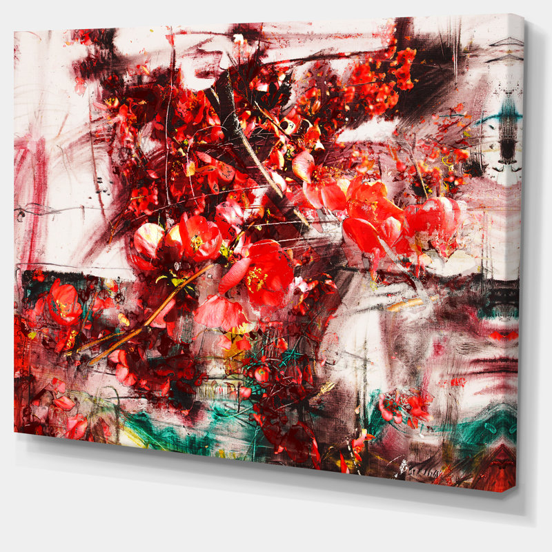 Fleurs rouges sur fond abstrait - reproduction d'art sur toile tendue, H 16 po x l 32 po x P 1 po