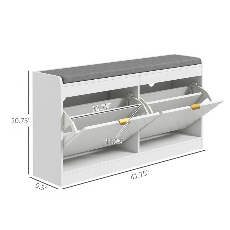 Banc à chaussures, banc d'entrée avec 2 tiroirs rabattables, coussin de siège et 2 évents pour 8 paires de chaussures pour le couloir, blanc