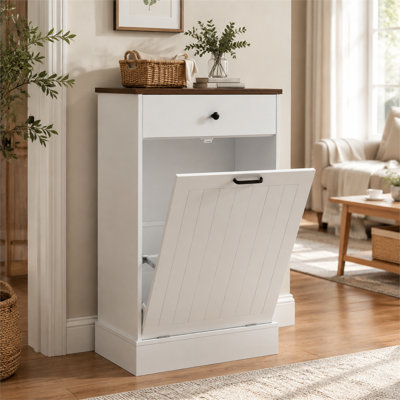 Meuble poubelle basculant en bois blanc de style campagnard de 92 cm de hauteur, dissimulant une poubelle indépendante de 38 litres avec tiroir pour cuisine ou salon