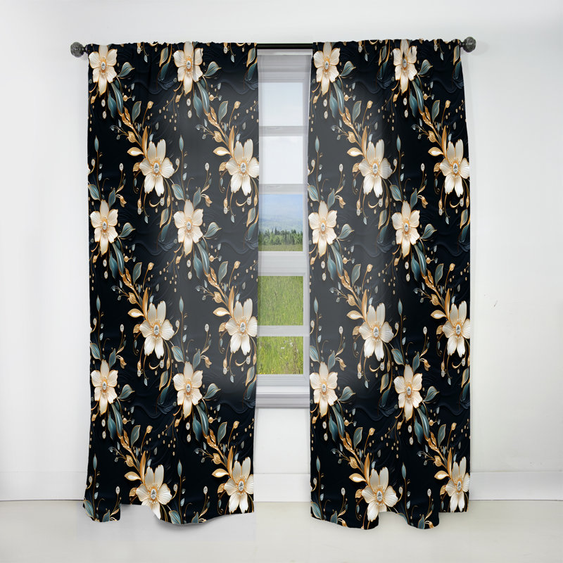 Crystal Diamond Flowers Glamour Dream - Glam Feather Curtain - Velvet Room Darkening - 1 Panel, 52" W x 95" L
