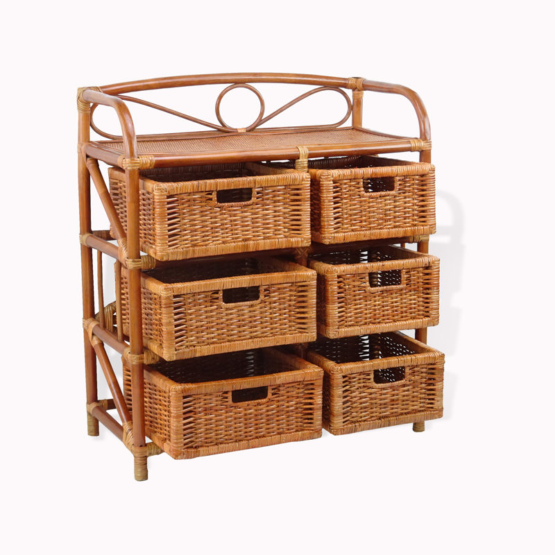 Coffre à linge en osier et rotin fait à la main - rangement à 6 tiroirs - style bohème