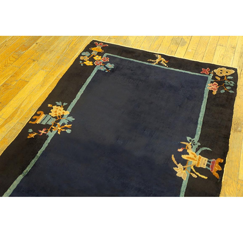 1930s Blue Minimalist Antique Chinese Art Deco Rug 3'0"x5'4" Wool Carpet Knotted