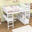Lit mezzanine double avec bureau intégré et tiroirs de rangement, tablettes
