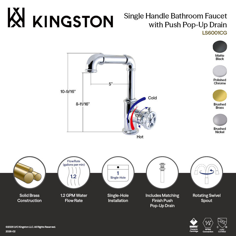 Robinet de salle de bain 1 trou à une poignée avec bonde escamotable en laiton Kingston, Laiton brossé