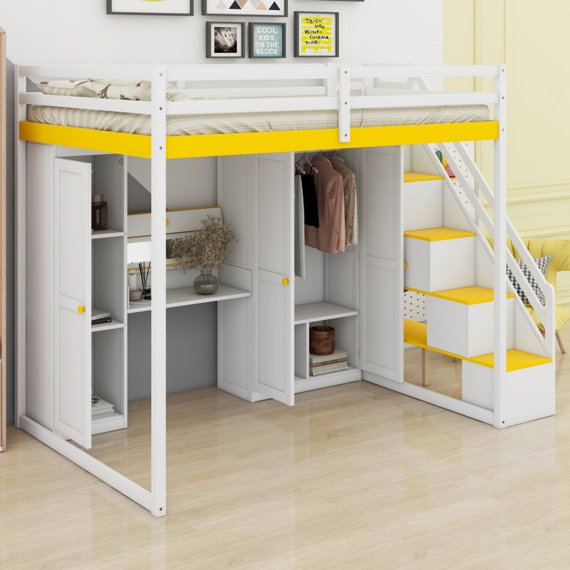 Lit mezzanine avec rangement et coiffeuse avec miroir, garde-robe, ports USB et lumières, Beige