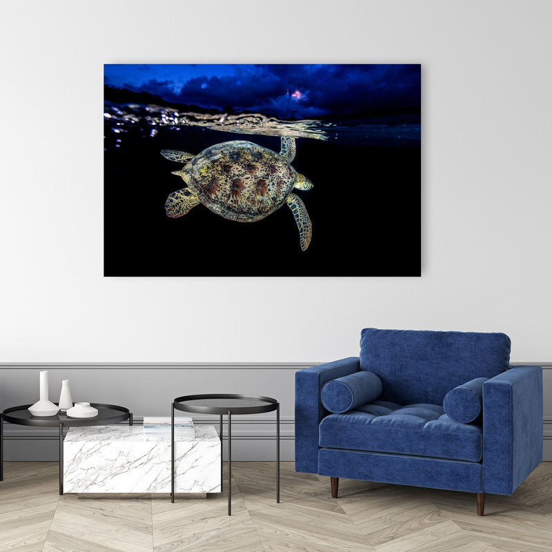 Sea Turtle Night Swim Peaceful Serene Tranquil Turtle Nature Ocean Wall Art Print 1 Piece Wrapped Canvas Wall Art