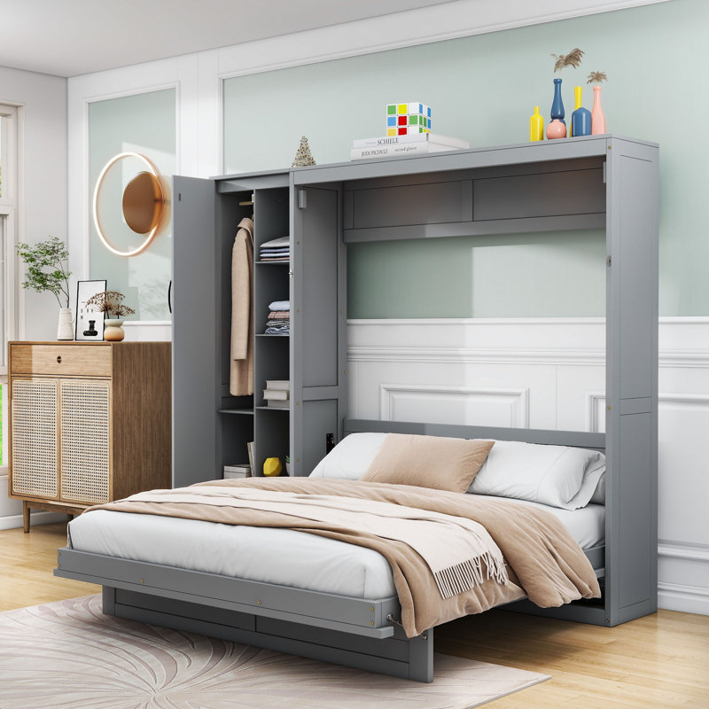 Lit escamotable en bois avec tablettes et garde-robe, gris, Grand