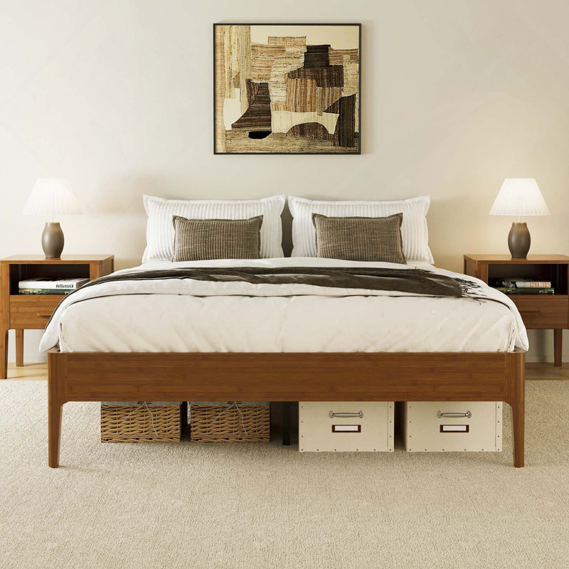 Structure de lit plateforme moderne et minimaliste en bois de bambou sec de 15 pouces de hauteur avec support en lattes de bois, aucun sommier requis, assemblage facile