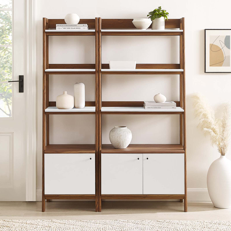 Walnut White Tiered Wood Bookshelves with Concealed Storage