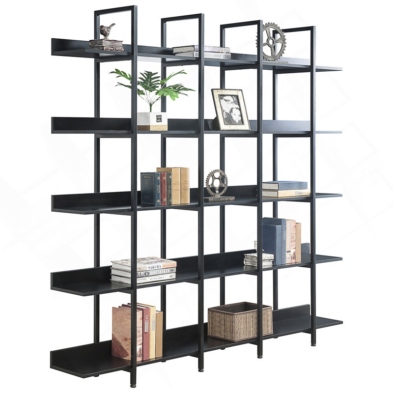 Bibliothèque ouverte à 5 niveaux avec structure en métal et tablettes en panneau de fibres à densité moyenne pour le rangement du bureau à domicile et du salon.