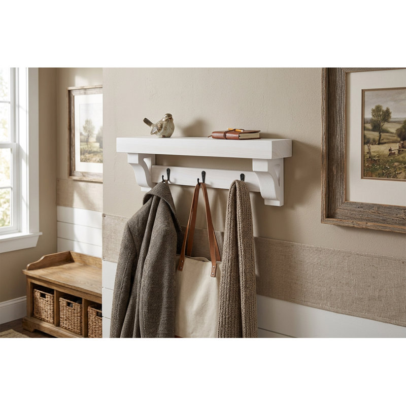 Rayne Small Wall Mounted Coat Rack with Shelf 8 Hook, White, 54/4/4