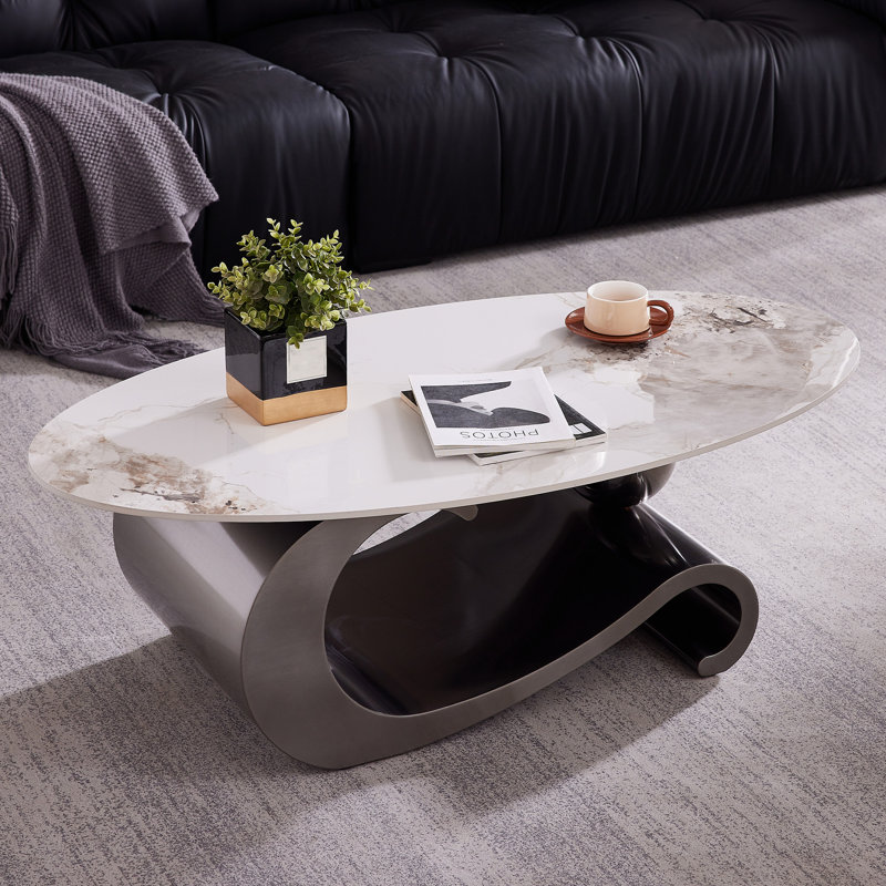 49.2" Modern Oval Faux Marble Coffee Table with Metal Base, Luxury Living Room Furniture for Home Decor, Scratch-Resistant & Easy Assembly