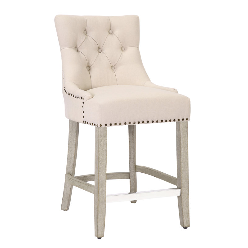 Linen Fabric Tufted Upholstered Counter Stool, Counter Stool (24” Seat Height), Beige Linen/Antique Gray Frame