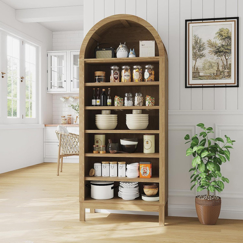 71" Arched 7-Tier Bookcase - Adjustable Shelves Farmhouse Bookshelf for Home Office Living Room, Natural, Black