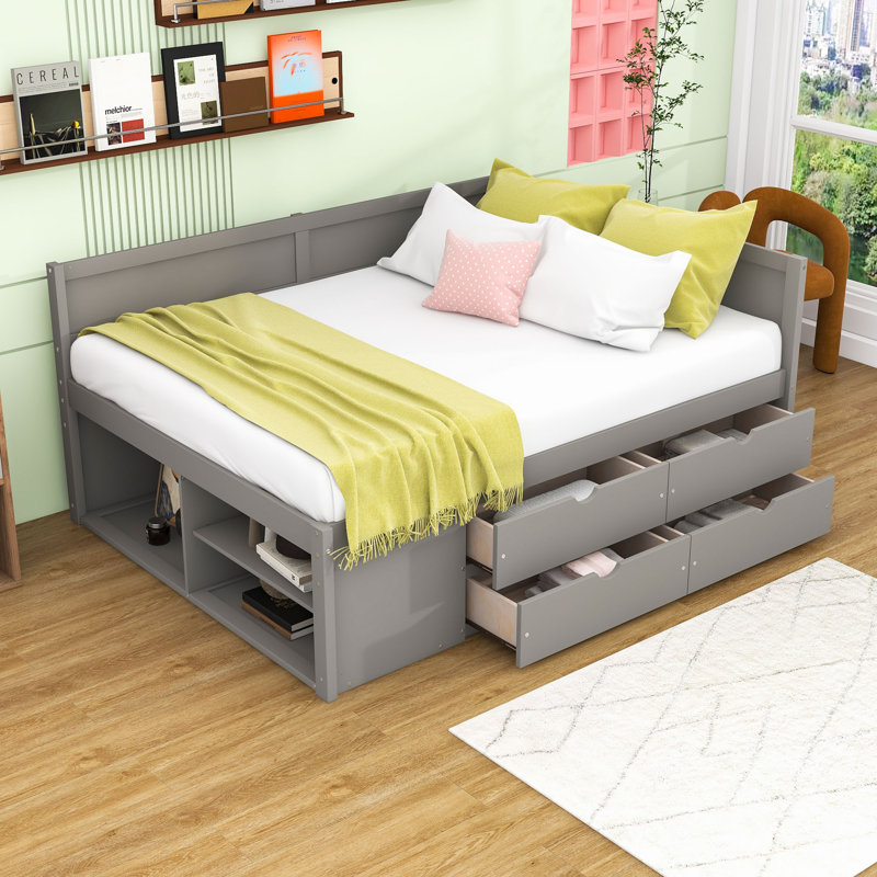 Lit de jour multifonctionnel en bois avec tiroirs et tablettes fonctionnelles, Gris, Lit double