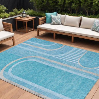 10' X 14' Teal Abstract Washable Non Skid Indoor Outdoor Area Rug