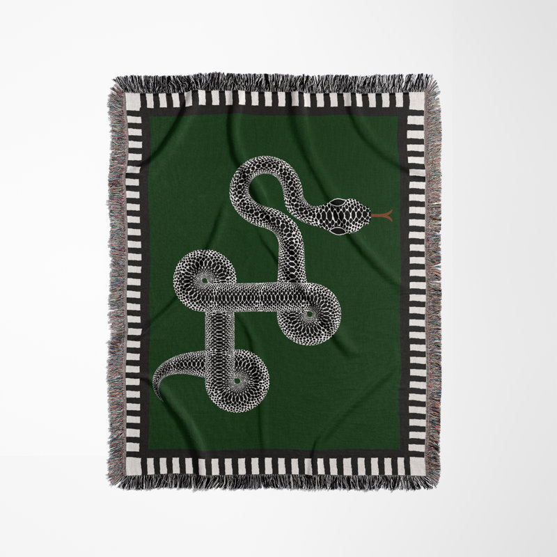 Jeté en mélange de coton Vanjo Snake, Vert / Noir / Blanc cassé, L 70 po x l 50 po