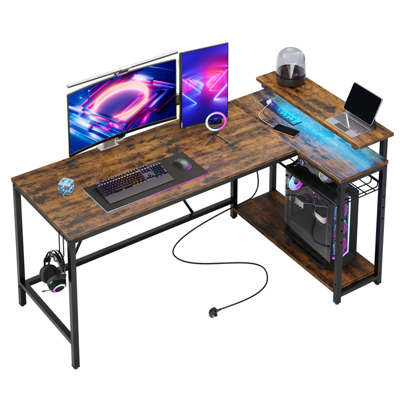 L-shaped Computer Desk with Power Outlet, Gaming Desk with Monitor Stand and Shelves, Rustic Brown/Black