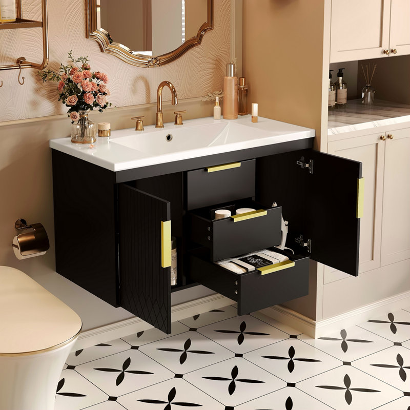 Meuble-lavabo mural 36 po avec lavabo en résine, armoire de rangement flottante avec 2 tiroirs, armoire de salle de bain en bois massif