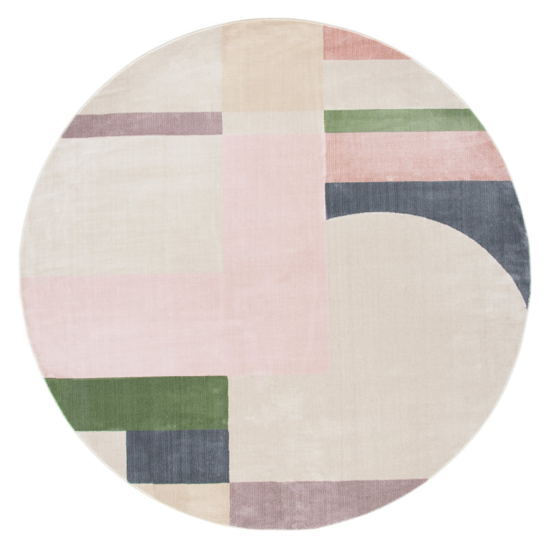 Tapis géométrique beige / rose / bleu foncé Anais, Rond 9 pi