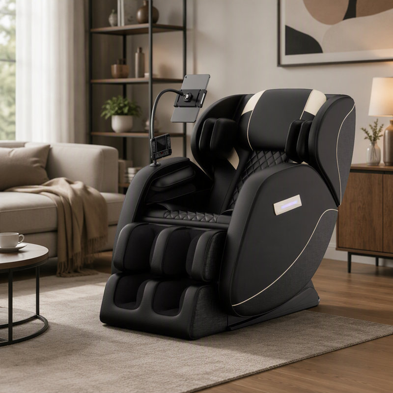 Fauteuil de massage inclinable noir de 28,41 po de largeur, système de chauffage lombaire et des jambes intégré à pression d'air zéro gravité