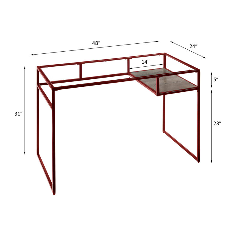 Bureau avec plateau en verre de 5 mm, fini rouge, piètement traîneau en métal et compartiment de rangement transparent.