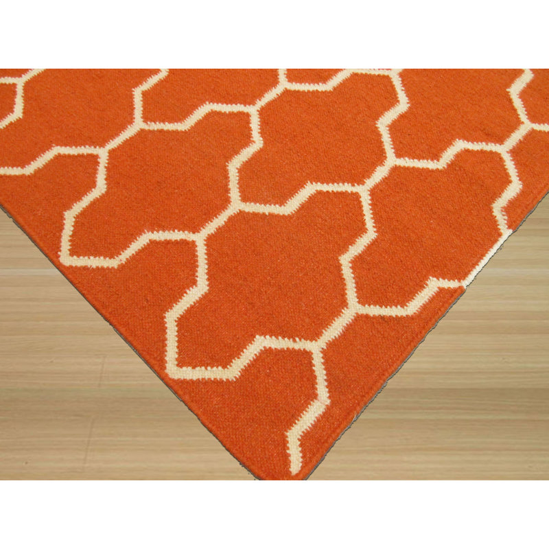 Omara Orange Flatweave Wool Ivory Transitional Trellis Handmade Area Rug, Rectangle 5'6" x 8'