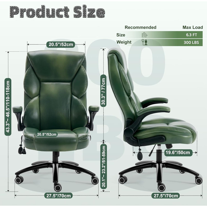 Executive Office Chair - Adjustable Inflatable Lumbar Support, Flip Up Arms, Heavy Duty Metal Base, Breathable PU Leather Ergonomic High Back Computer Chair Desk Chair, Thick Padded | Green