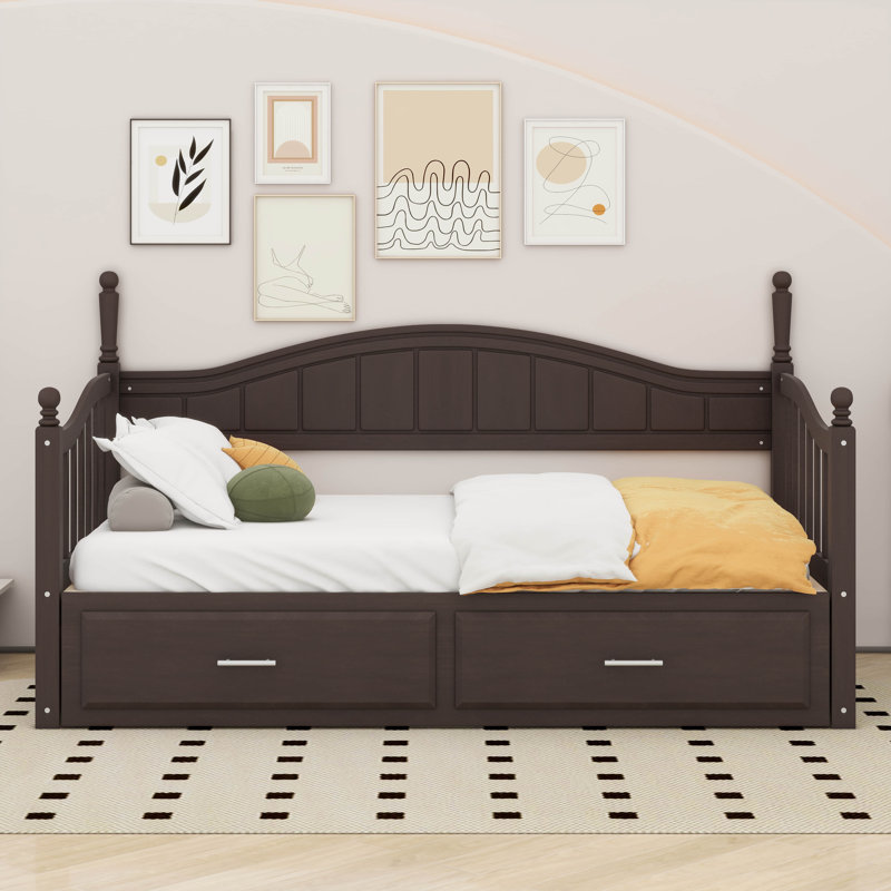 Lit de jour simple en bois avec lit gigogne double et tiroirs de rangement Noemi, Espresso