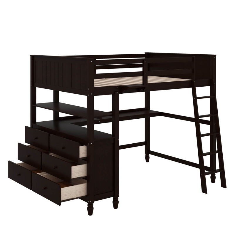 Lit mezzanine double avec tiroirs, bureau et tablettes, Espresso