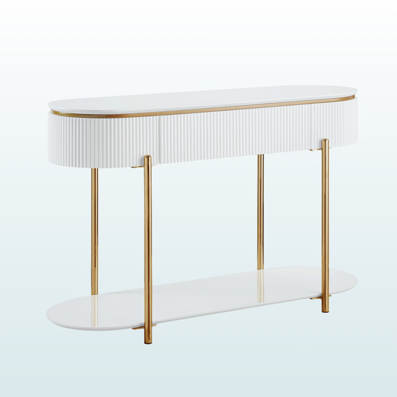 Élégante table de canapé Yesse blanc ultrabrillant et doré - Design moderne et élégant avec styles et rangement ovales et ronds