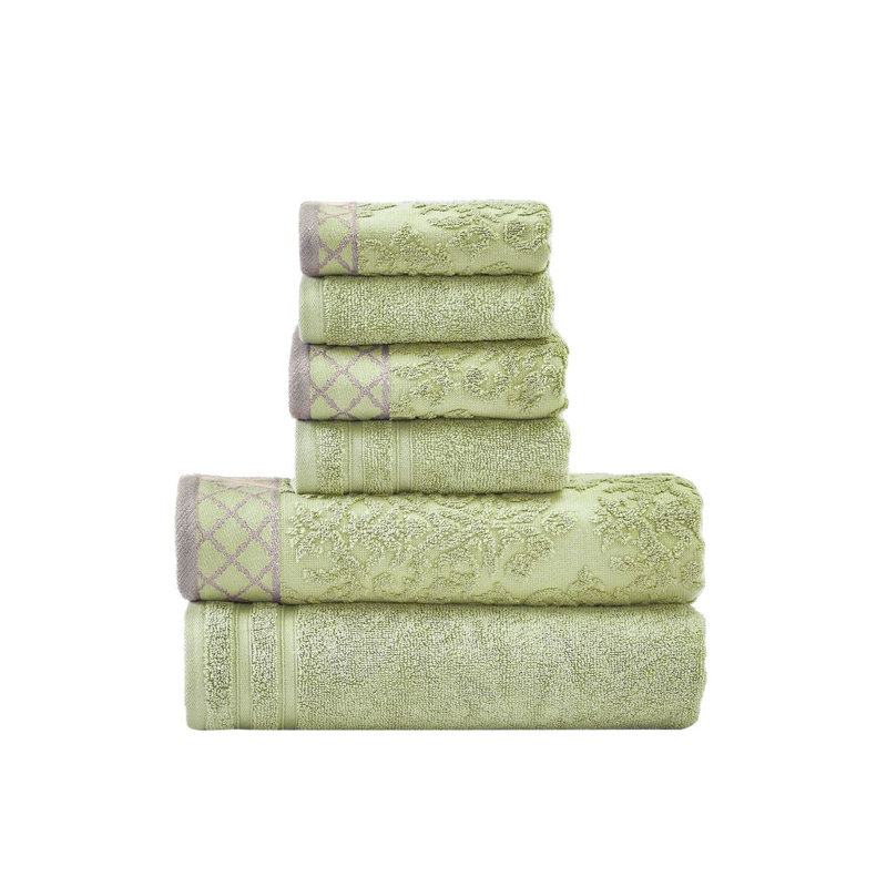 Modern Threads 6-Piece Damask Jacquard/Solid Ultra Soft 550GSM 100% Combed Cotton Towel Set with Embellished Borders, Sage