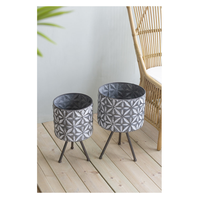 Ensemble de 2 supports à fleurs ronds en métal gris galvanisé avec texture campagnarde