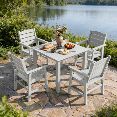 Ensemble de salle à manger d'extérieur 5 pièces toutes saisons avec mobilier d'extérieur avec cadre en aluminium Ensemble de salle à manger d'extérieur moderne pour 4 personnes pour cour extérieure / porche / terrasse, 1 table, 4 chaises, blanc