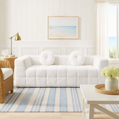 Canapé moderne sans ossature de 215 cm avec deux coussins décoratifs ronds, revêtement en polyester à poils longs doux au toucher, motif à carreaux, canapé trois places en mousse