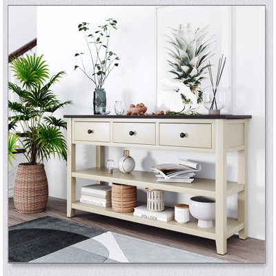 Retro Design Console Table With Two Open Shelves, Pine Solid Wood Frame And Legs, Perfect For Entryways And Living Rooms