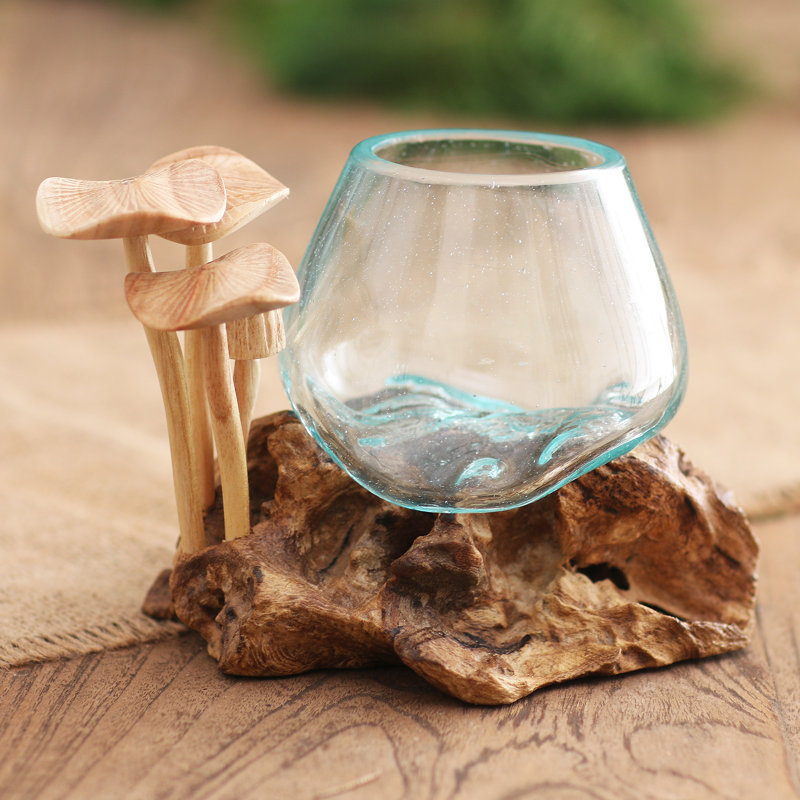 Sculpture printemps champignon en bois et verre