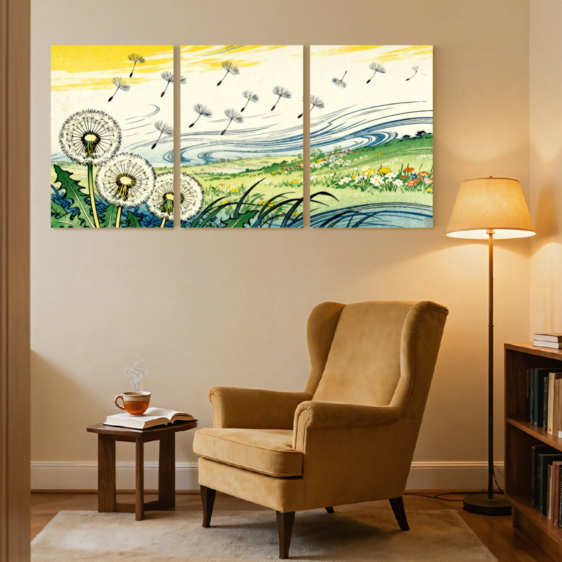 Ensemble de 3 impressions sur toile de pissenlit flottant au-dessus de la rivière Meadow, H 18 po x l 36 po
