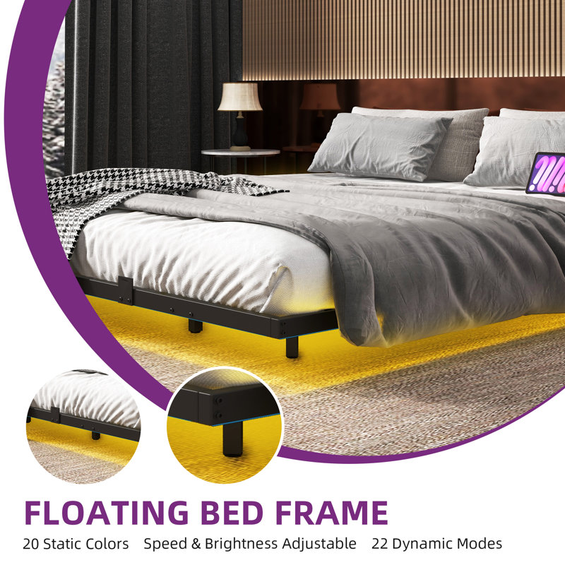 King Black Metal Floating Bed Frame with LED Lights and Charging Station