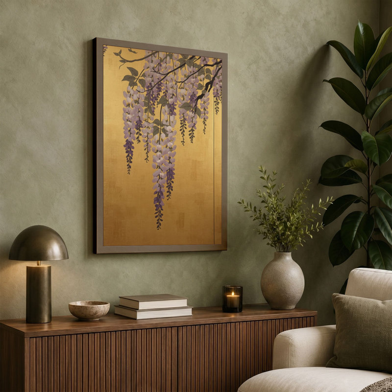 Cascading Wisteria Botanical - Wrapped Canvas, 36x24 - 91.4 x 61.0 cm, Teal Border