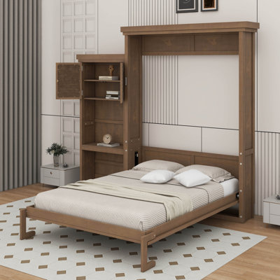 Grand lit escamotable en bois avec tablettes, conception classique à persiennes