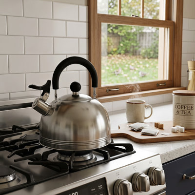 1.5‑quart stainless‑steel whistling stovetop kettle with mirror‑polished durable surface, enables rapid boiling and smooth pouring performance.
