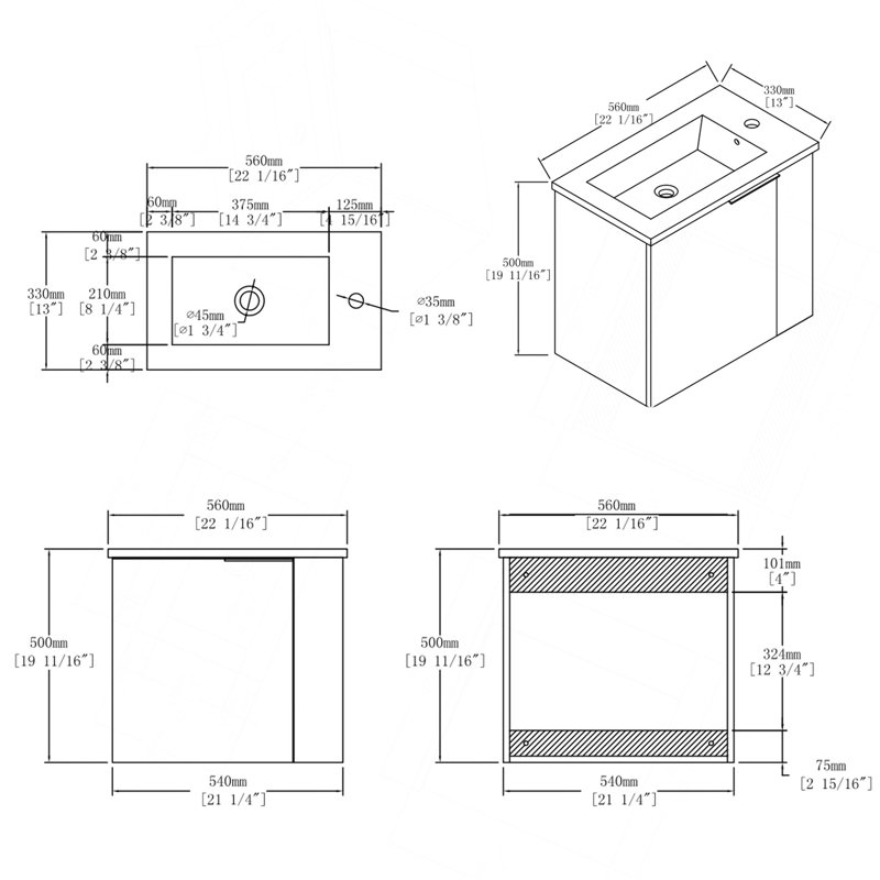 Meuble-lavabo suspendu de 56 cm (22 po), armoire murale en contreplaqué avec lavabo en céramique et portes à fermeture en douceur pour petites salles de bain