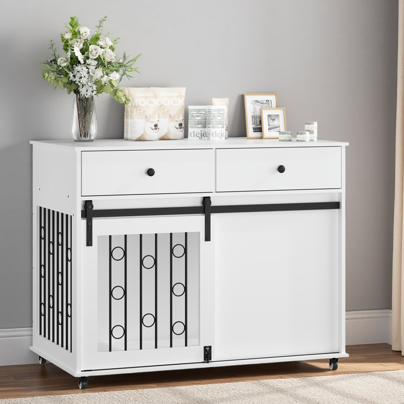 39.37'' Modern Wooden Dog Crate Furniture With Double Drawers And Sliding Barn Door, Decorative Pet Kennel End Table With Lockable Wheels, Stylish Dog Cage For Small To Medium Dogs