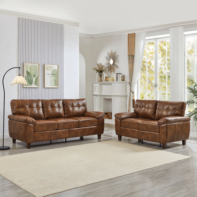 2-Piece 3-Seater & Loveseat Sofa Set With Storage, Faux Leather Upholstered Living Room Sofa With Large Armrests, Brun