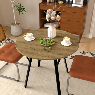 35.43 Inch Round Dining Table, Small Circle Kitchen Table With Metal Black Legs For 2-4 People,Modern Dining Room Table, Brown (Only Table)
