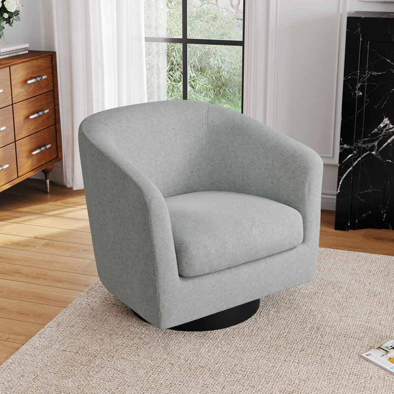 Fauteuil demi-tonneau pivotant en chenille gris clair avec base en bois massif Applewold, Gris clair