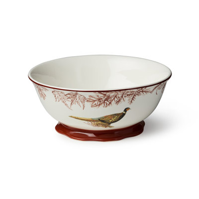 Pheasant Grove Footed Deep Serving Bowl 11in – Naturalist Pheasant Design on Ivory Stoneware with Burgundy Pedestal Base – Lodge Centerpiece Compote for Salads, Pasta & Family-Style Service